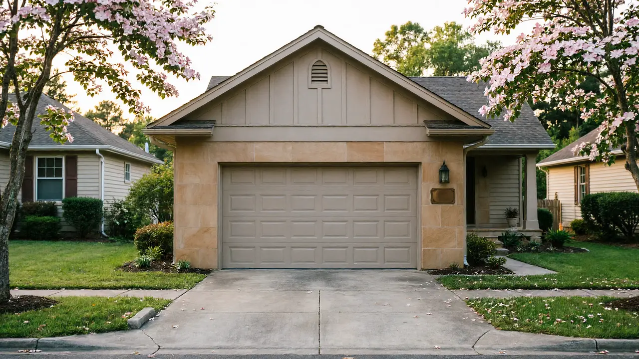 A beige house with a single garage door and a concrete driveway.
