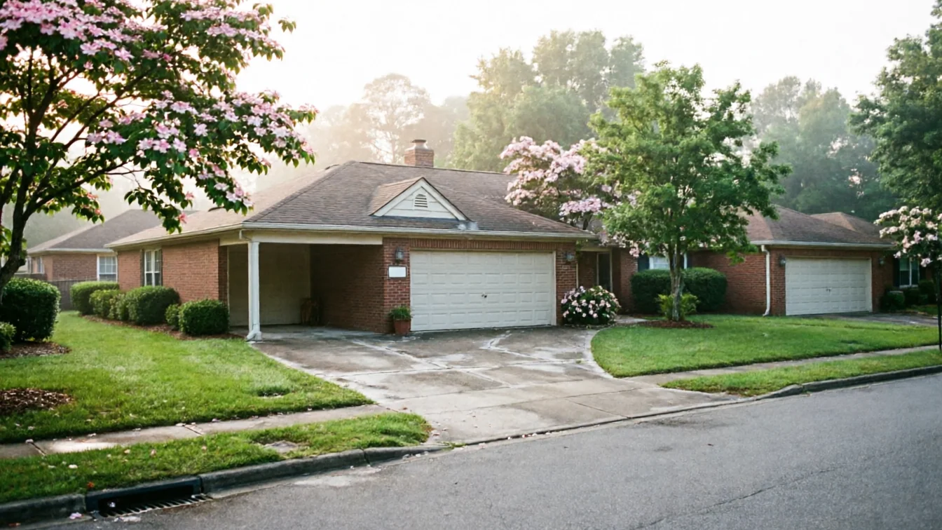 A brick house with a white garage door and a carport.
