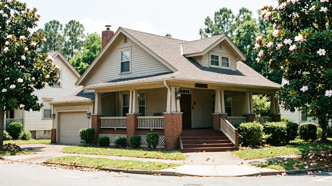A light brown house with a front porch and a single garage door.