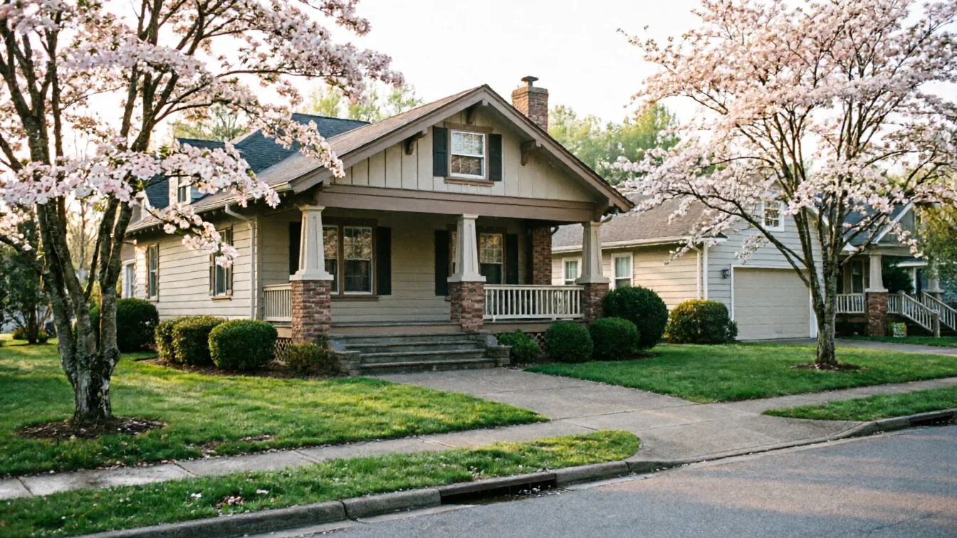 A house with a porch and a garage door is surrounded by blooming trees.
