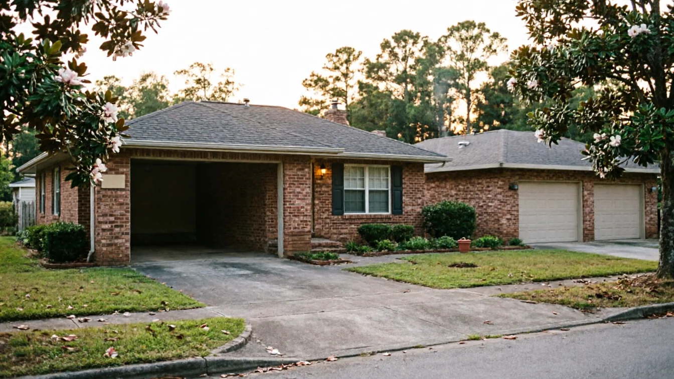 A brick house has an open garage door and two closed garage doors.