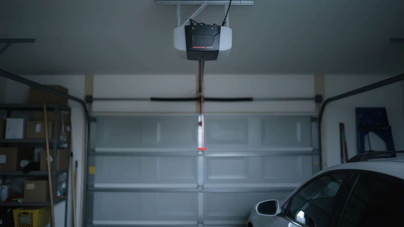 A garage door opener is mounted above a closed white garage door.