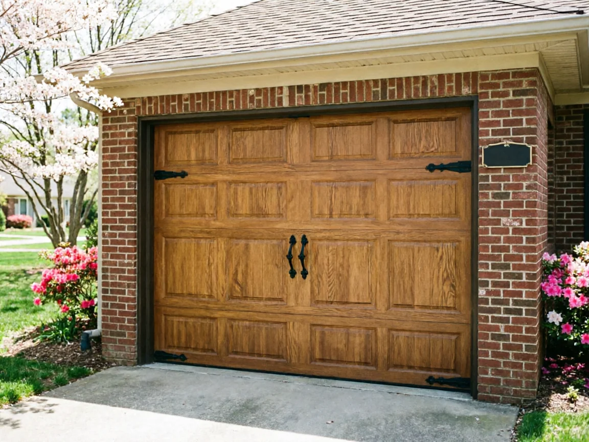 A brown wooden garage door with black hardware is set in a brick wall.
